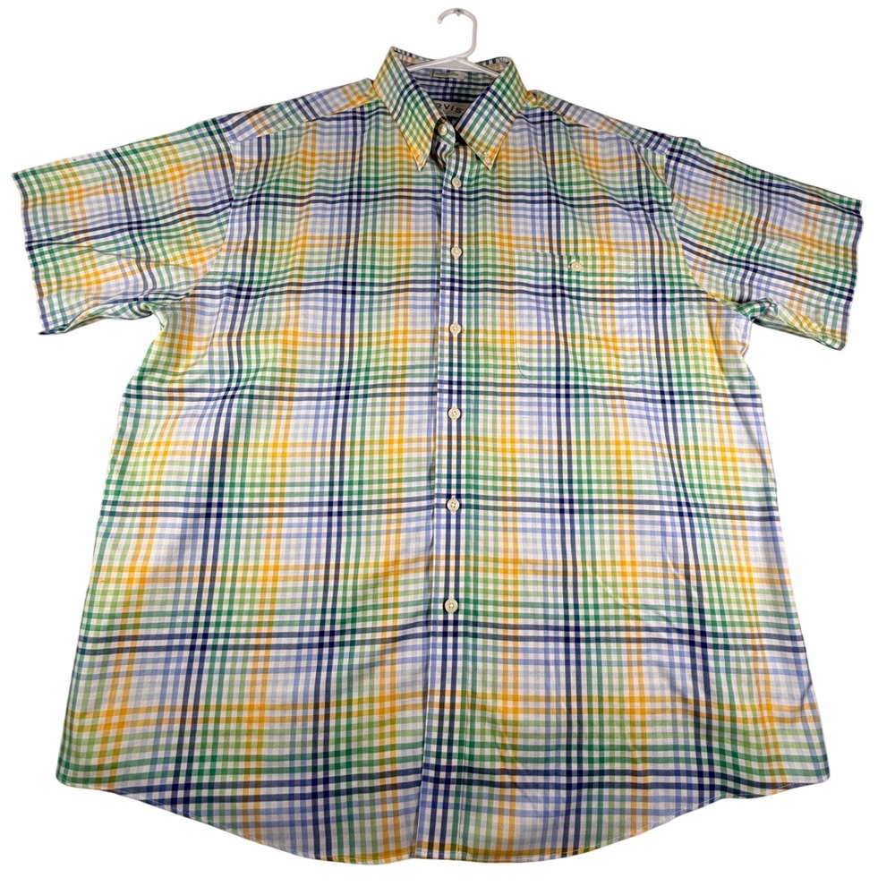 Orvis Mens XXL Short Sleeve Button Down Plaid Shirt Green Blue Yellow Cotton